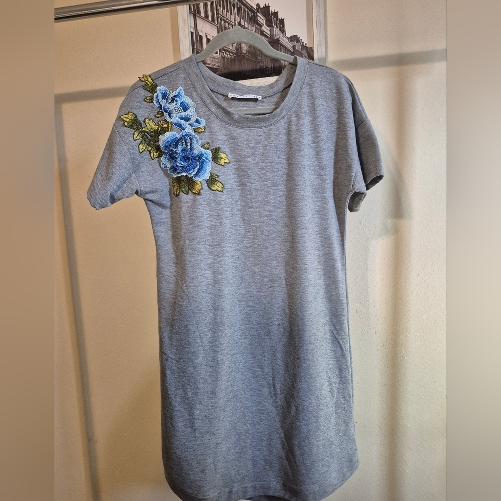 Potter's Pot Gray Dress with Blue Floral Embroidery
